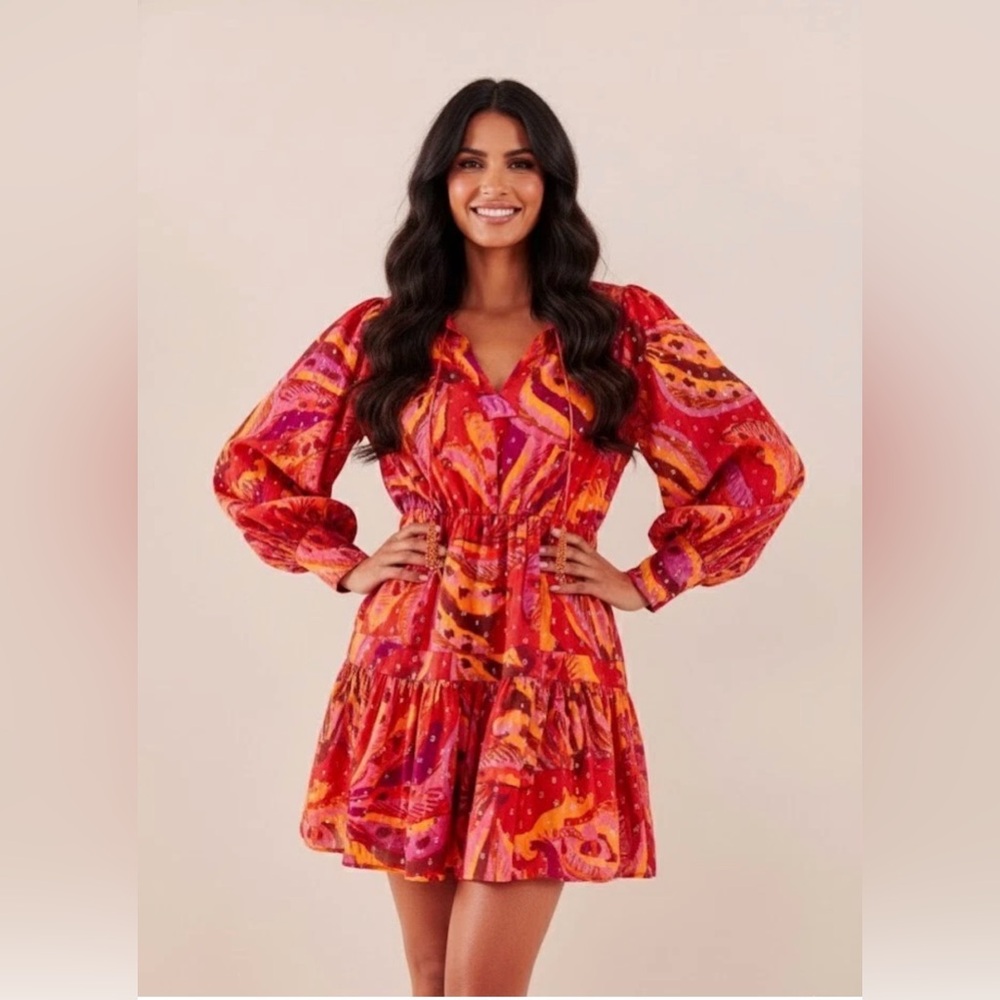 FARM Rio Banana Juice Mini in Red Orange Puff Sleeve dress size XS